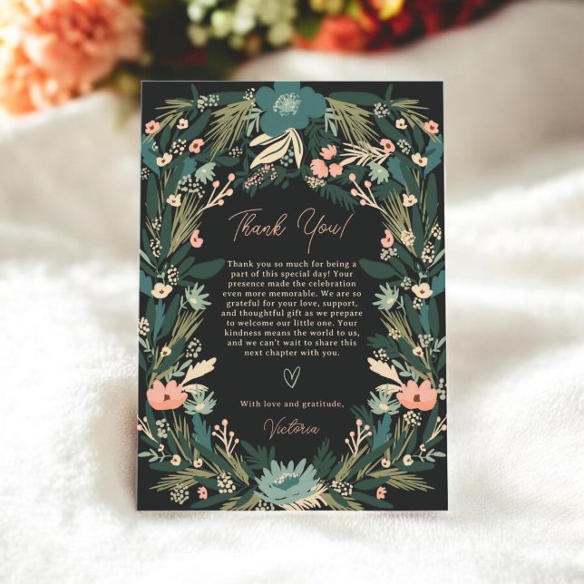 Whimsical Elegant Green Pink Floral Baby Dusche Dankeskarte (Whimsical Elegant Green Pink Floral Baby Shower Thank You Card)