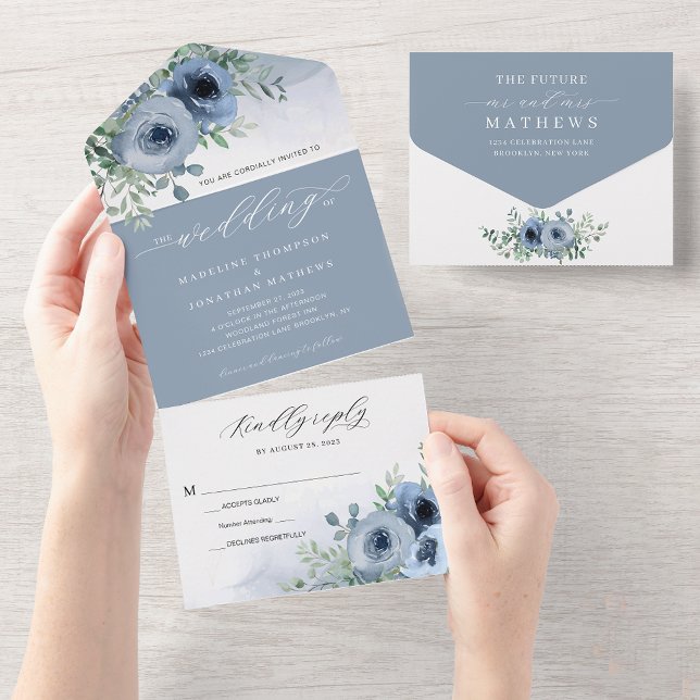 Whimsical Elegant Script floral Dusty Blue Wedding All In One Einladung (Von Creator hochgeladen)