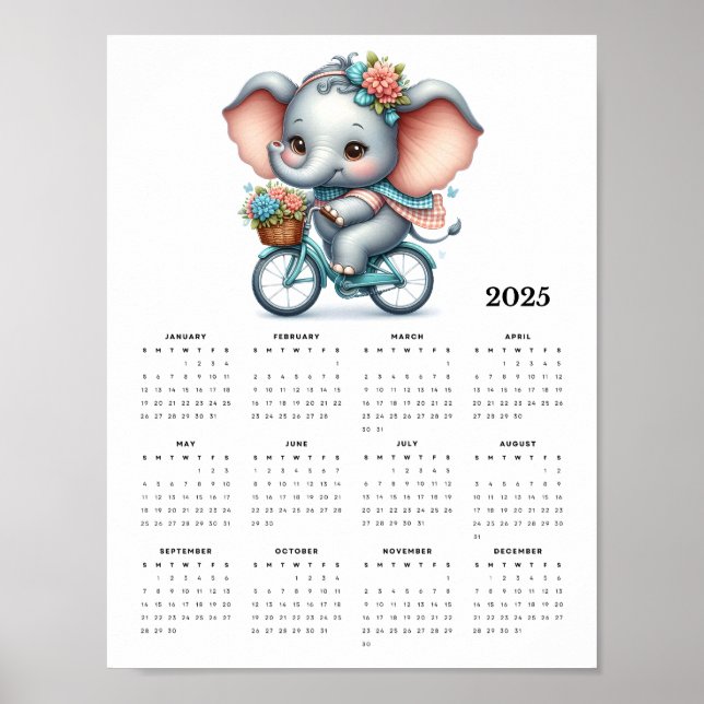 Whimsical Elephant auf einem Fahrrad 2025 Wall Cal Poster (Vorne)