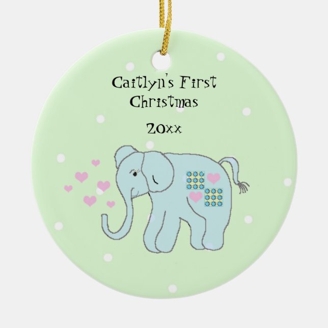 Whimsical Elephant Baby's First Christmas Keramik Ornament (Vorne)