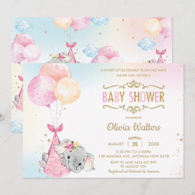Whimsical Elephant Balloons Baby Duschmädchen Einladung (Vorne/Hinten)