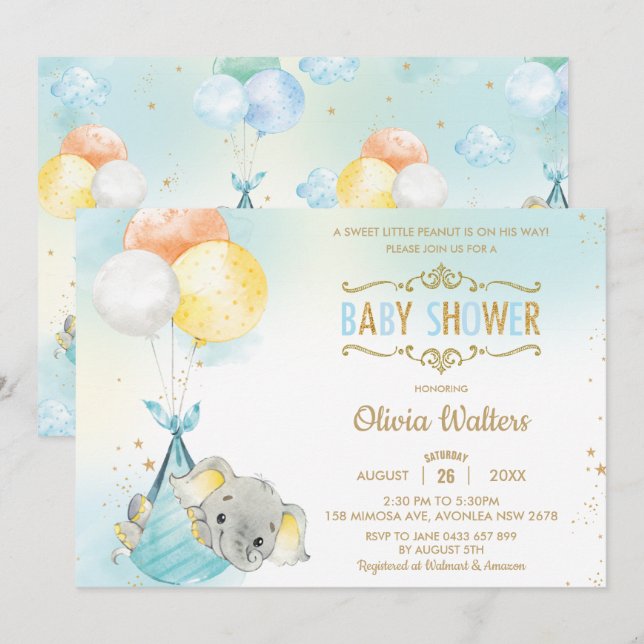 Whimsical Elephant Balloons Baby Shower Boy Einladung (Vorne/Hinten)