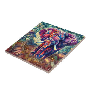 Whimsical Elephant bei Night Blue Lila Stars Moon Fliese