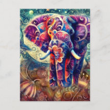 Whimsical Elephant bei Night Blue Lila Stars Moon