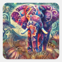 Whimsical Elephant bei Night Blue Lila Stars Moon Quadratischer Aufkleber
