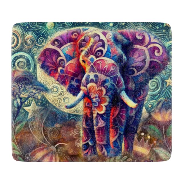 Whimsical Elephant bei Night Blue Lila Stars Moon Schneidebrett (Vorderseite)
