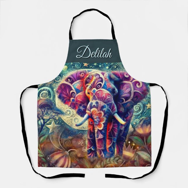 Whimsical Elephant bei Night Blue Lila Stars Moon Schürze (Vorderseite)