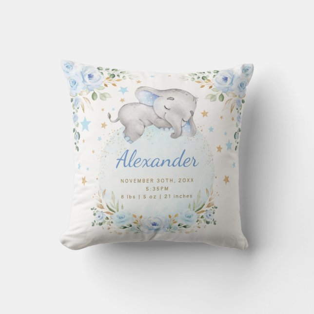 Whimsical Elephant Blue Gold Floral Twinkle Stars Kissen (Vorderseite)