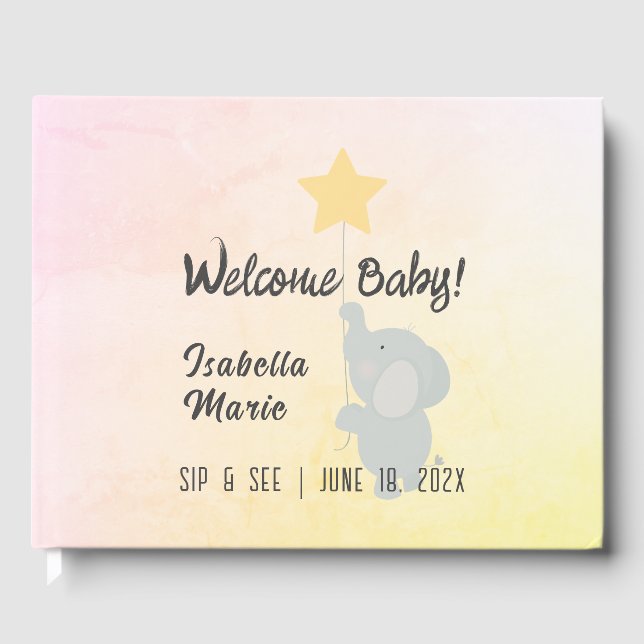 Whimsical Elephant Sip & See Party Gästebuch (Vorderseite)