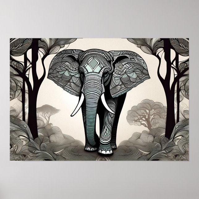 Whimsical Elephant Sketch - Schwarz & Weiß mit ein Poster (Vorne)