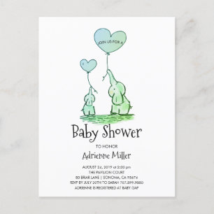 Whimsical Elephants and Balloons Baby Boy Dusche Einladungspostkarte