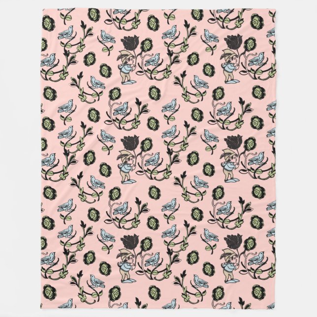 Whimsical Elf and Bird Pattern on Pink Fleecedecke (Vorderseite)