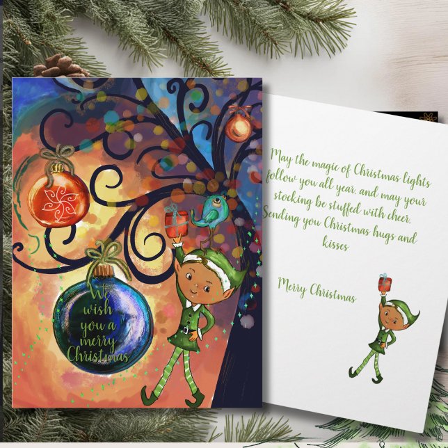 Whimsical Elf Holding Gift & Bird Christmas Card Karte (Whimsical Elf Holding Gift & Bird Christmas Card)