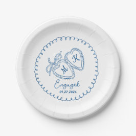 Whimsical Engaged Couple Blue Hearts Trendy Doodle Pappteller