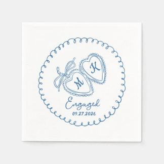 Whimsical Engaged Couple Blue Hearts Trendy Doodle Serviette