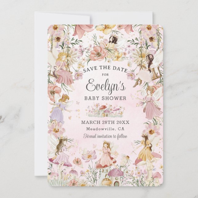 Whimsical Fairies Babydusche Blumengarten Wiese Save The Date (Vorderseite)