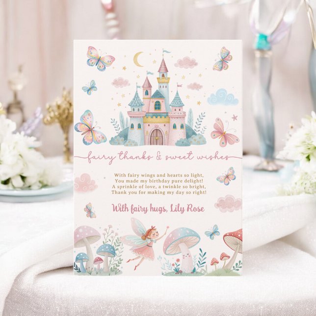 Whimsical Fairy Erster Geburtstag Pink Burg Kinder Dankeskarte (Whimsical Fairy First Birthday Pink Castle Kids Thank You Card)