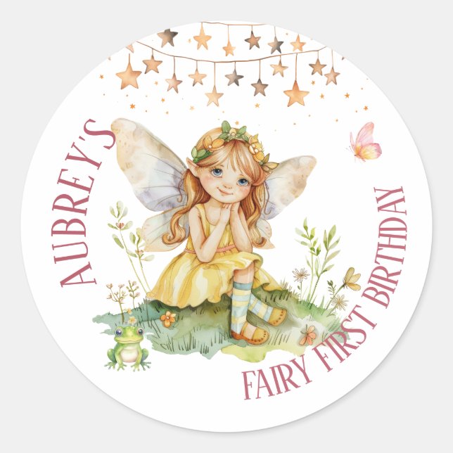 Whimsical Fairy erster Geburtstag Runder Aufkleber (Vorderseite)