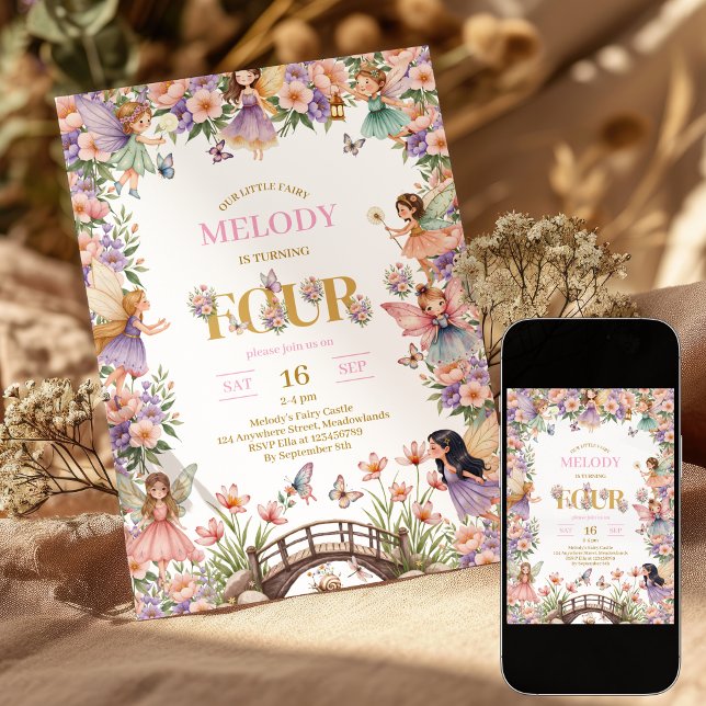 Whimsical Fairy flower 4th birthday Invitation Einladung (Von Creator hochgeladen)