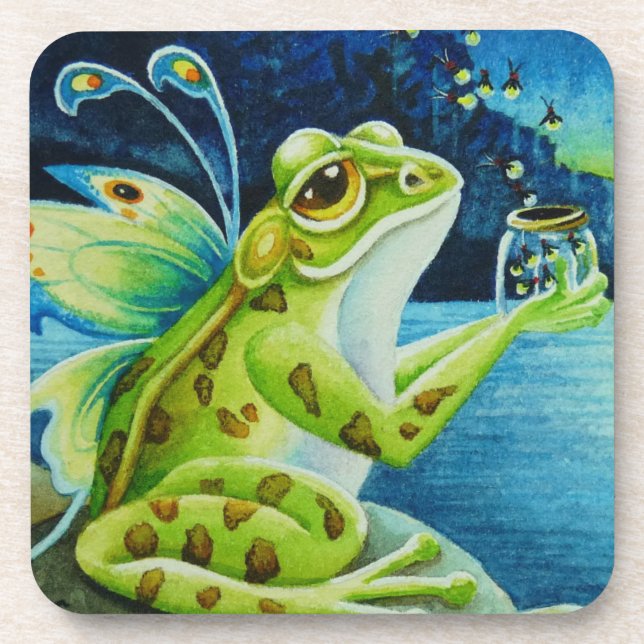 Whimsical Fairy Frog & Fireflies Wasserfarben Kuns Getränkeuntersetzer (Vorderseite)