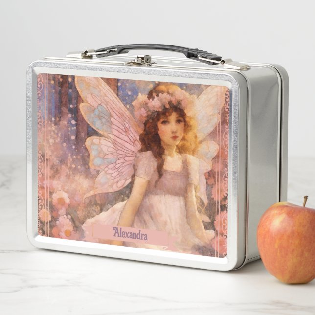 Whimsical Fairy in Dreamy Pink Floral Garden Metall Brotdose (Beispiel)