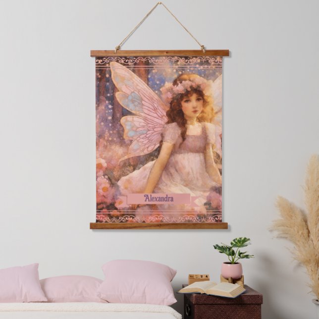 Whimsical Fairy in Dreamy Pink Floral Garden Wandteppich Mit Holzrahmen (Schlafzimmer)