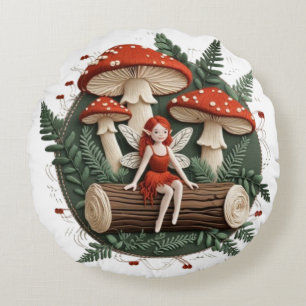 Whimsical Fairy mit Pilzen - verzauberter Wald Rundes Kissen