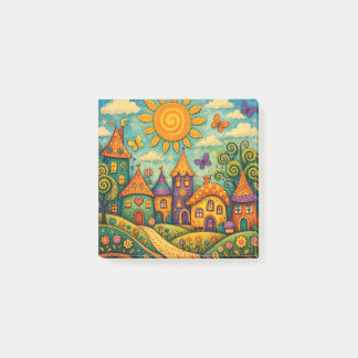 Whimsical Fairy Tale Village Colorful Canvas Art Post-it Klebezettel