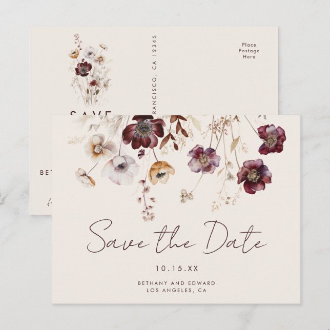 Whimsical Fall Floral Wedding Save the Date Postkarte (Vorne/Hinten)