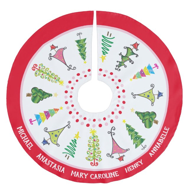 Whimsical Family Names Red Pink Weihnachtsbaumen Polyester Weihnachtsbaumdecke (Vorderseite)