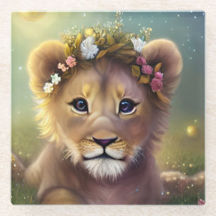 Whimsical Fantasy Süßer Kawaii Baby Löwenjunge Glasuntersetzer