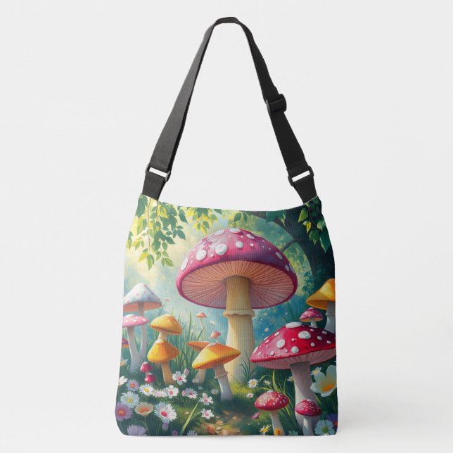 Whimsical Fantasy verzauberte Wald Pilze Tragetaschen Mit Langen Trägern (Vorderseite)
