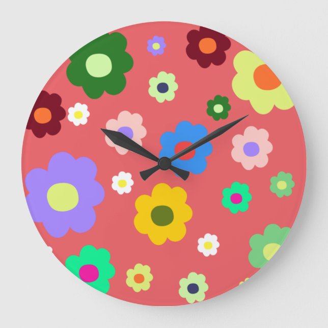 Whimsical farbenfroh florale Retro, fröhlich, prep Große Wanduhr (Vorderseite)