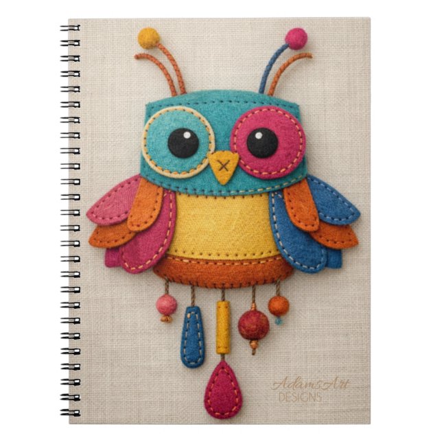 Whimsical Felt Owl Notebook – Colorful Handmade Notizblock (Vorderseite)