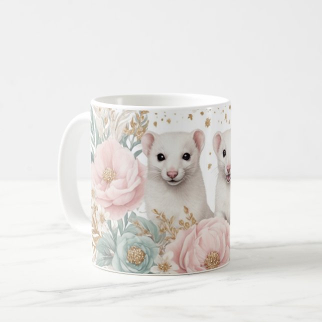 Whimsical Ferrets und Blumenfantasy Kaffeetasse (Vorderseite Links)