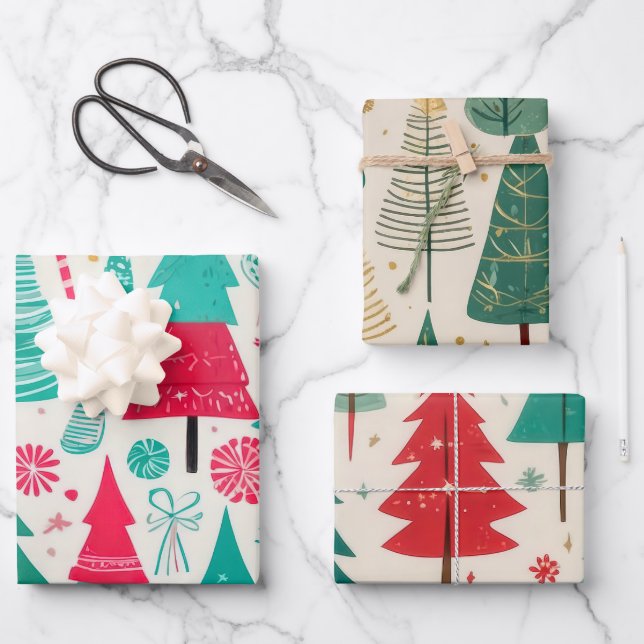 Whimsical Festive Weihnachtsbaum Muster Geschenkpapier Set (Vorderseite)