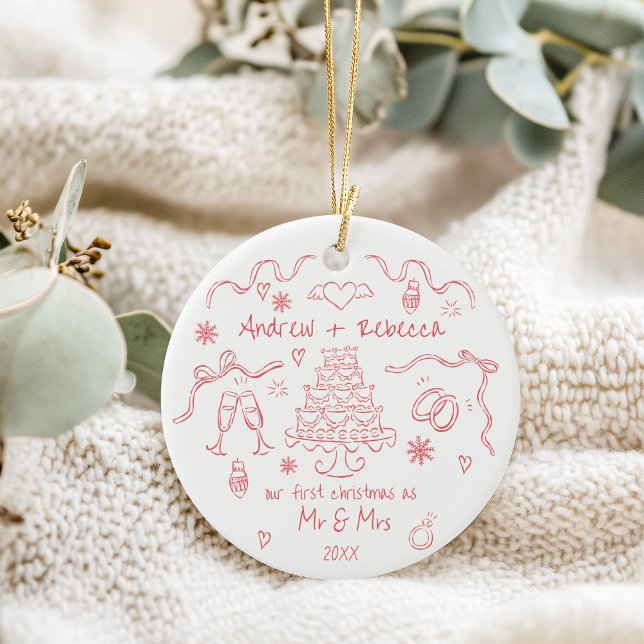 Whimsical First Weihnachten verheiratet handgezeic Keramik Ornament (Von Creator hochgeladen)