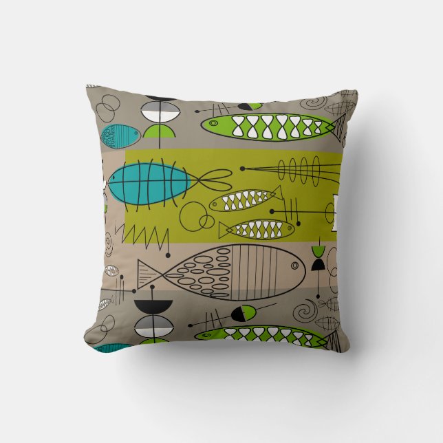 Whimsical Fish Art Aquamarin Brown Kissen (Vorderseite)