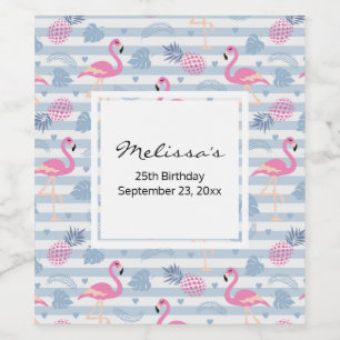 Whimsical Flamingo & Ananas Muster Geburtstag Weinetikett