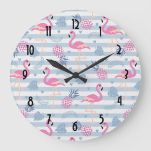 Whimsical Flamingo & Pineapple Pattern Große Wanduhr