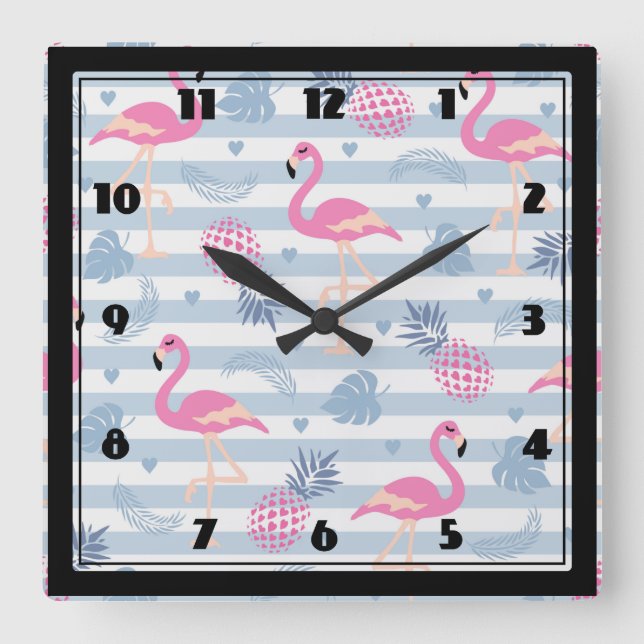 Whimsical Flamingo & Pineapple Pattern Quadratische Wanduhr (Vorderseite)