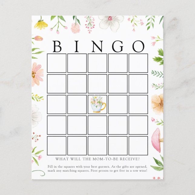 Whimsical Fleur sauvage Tea Baby Bingo Carte de je (Devant)