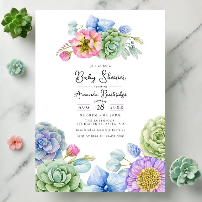Whimsical Floral and Succulent Baby Dusche Einladung (Whimsical Floral and Succulent Baby Shower Invitation)