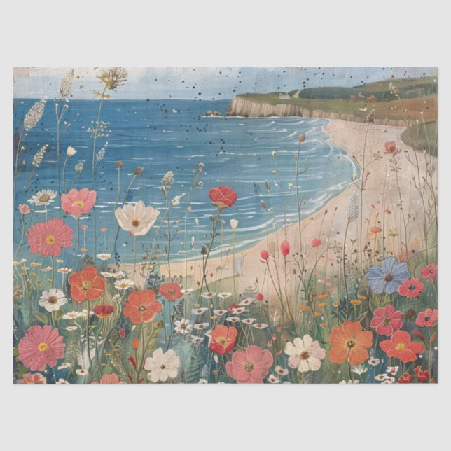 Whimsical Floral Beach Malerei rustikale Dekoupage Seidenpapier (Vorderseite)