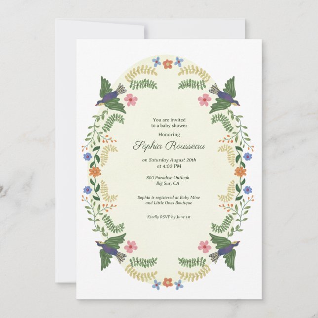 Whimsical Floral Birds Baby Shower Einladung (Vorderseite)