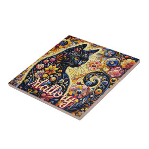 Whimsical Floral Black Cat Kitty Personalisiert Fliese