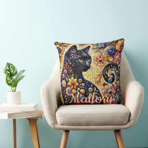 Whimsical Floral Black Cat Kitty Personalisiert Kissen
