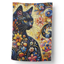 Whimsical Floral Black Cat Kitty Yellow Blue