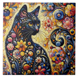 Whimsical Floral Black Cat Kitty Yellow Blue Fliese