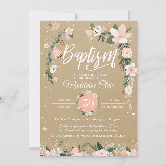 Whimsical Floral Blush & White Girl Taufe Einladung (Vorderseite)
